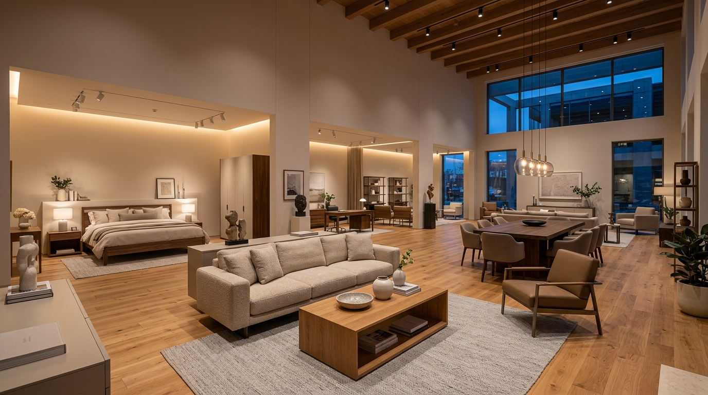 Showroom Muebles Suizos Bogotá - sala de exhibición con sofás, comedores y camas premium